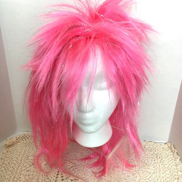 80’s Style Punk Hot Pink & Silver Spike Rock Star Wig NWT NOS - Picture 4 of 10